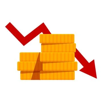Red arrow going down over decreasing stack of coins representing economic crisis Stock Illustration