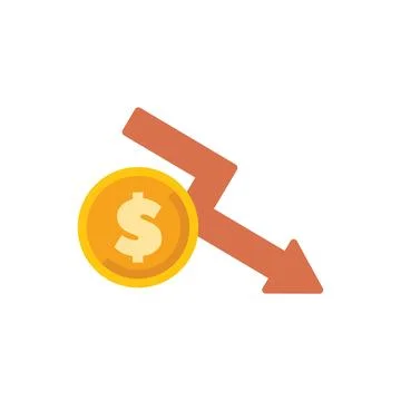 Red arrow going down over golden coin with dollar sign Stock Illustration