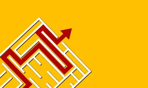 Red arrow going out of the maze on a yellow background - success concept Illustrazione stock