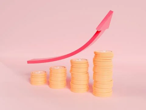 Red arrow up on gold coin stack. 3d render illustration. rising financial i.. Ilustración de archivo