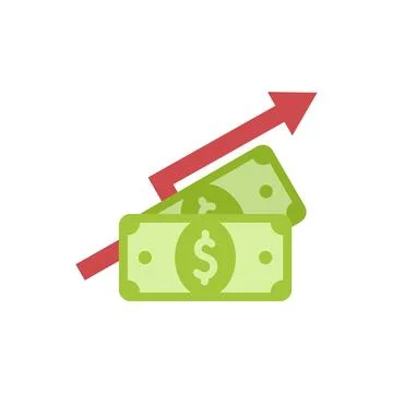 Red arrow growing over increasing stack of dollar bills icon Stock Illustration