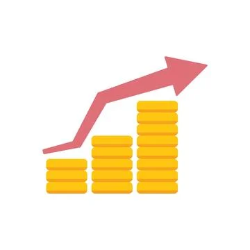 Red arrow growing over increasing stacks of coins chart Ilustración de archivo