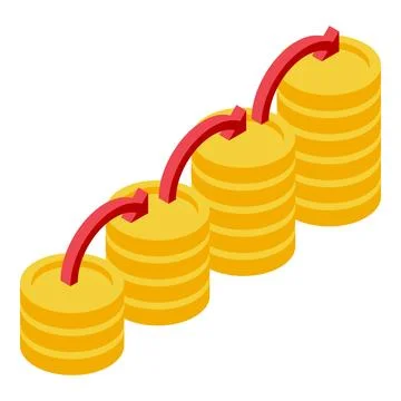 Red arrow growing up over stack of golden coins representing investment por.. Ilustración de archivo