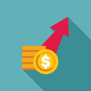 Red arrow growing over stack of gold coins with dollar sign Ilustración de archivo