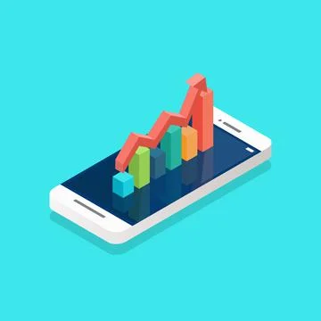 Red arrow growth with bar chart on the smartphone screen isometric Stock Illustration