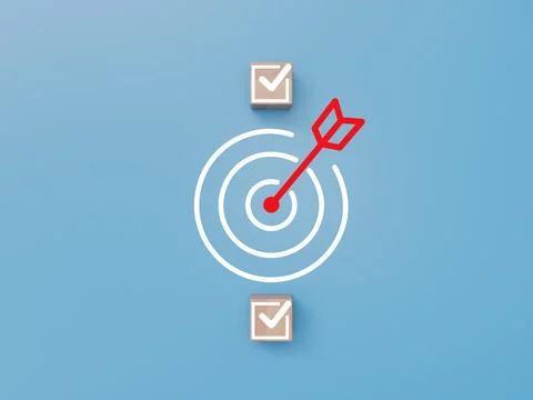 Red arrow hitting the center of a target icon with wooden blocks Stock Photos