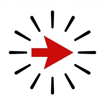 A red arrow icon pointing right surrounded by radiating black dash lines Ilustración de archivo