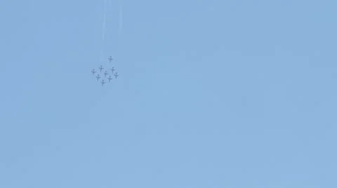 Red Arrow Jet Planes flying in formation over city Stock-Footage 65062474