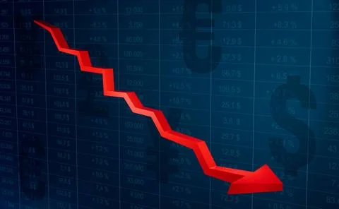  Red arrow moving down, falling profit, business, shrinking, financial fig... 库存照片