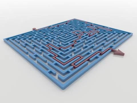Red Arrow Path Across Blue Maze Labyrinth 3D Render, Solution Concept Stock Illustration