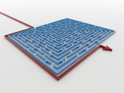 Red Arrow Path Around Blue Maze Labyrinth 3D Render, Solution Concept イラスト素材