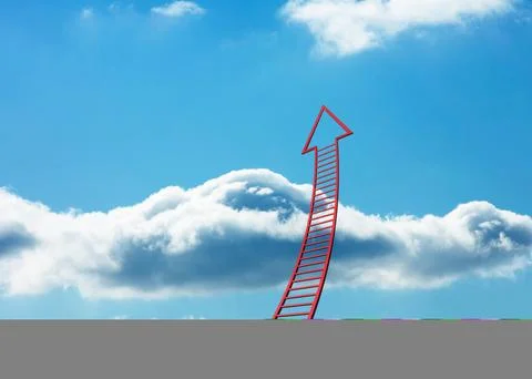 Red arrow pointing up against sky Stock Photos