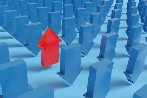 Red arrow pointing up alongside many other blue arrows pointing down. 3d illu Stock Illustration