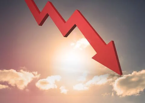 Red arrow pointing down against sky Illustrazione stock