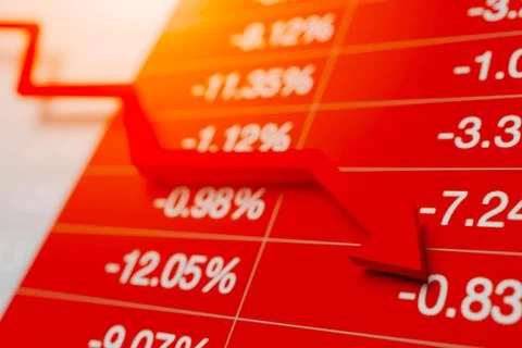 Red arrow is pointing down and the percentage is negative. Stock market inves Stock Illustration