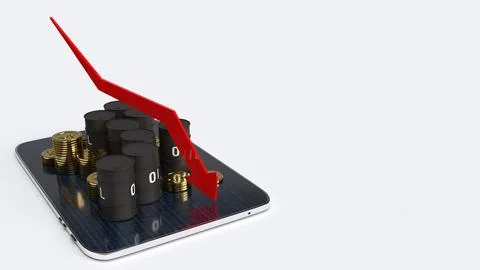 Red Arrow pointing down and oil tanks 3d rendering image for Petroleum busi.. Stock Illustration