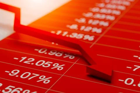 Red arrow is pointing down and the percentage is negative. Stock market inves Stock Photos