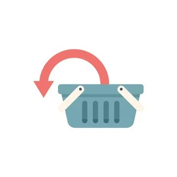 Red arrow pointing down to empty shopping basket minimalist icon Stock Illustration