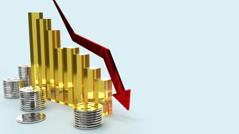 The red Arrow pointing down on graph 3d rendering image for business content. Stock Illustration