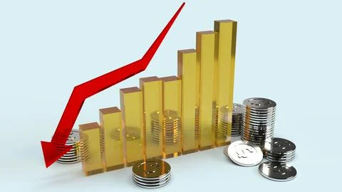 The red Arrow pointing down on graph 3d rendering image for business content. Ilustración de archivo