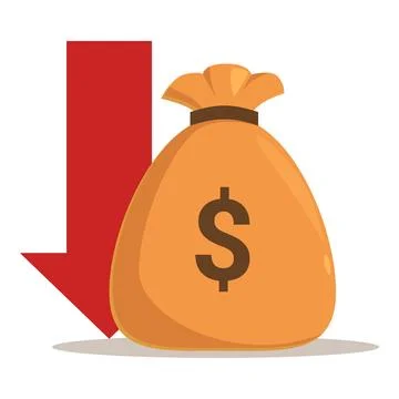 Red arrow pointing down next to money bag with dollar sign illustrating market 스톡 일러스트