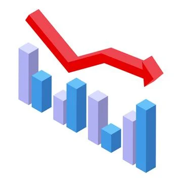 Red arrow pointing down over decreasing graph bars showing losses Stock Illustration