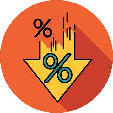 Red arrow pointing down with percents icon Ilustración de archivo