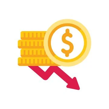 Red arrow pointing down representing financial loss with coins stack Stock Illustration