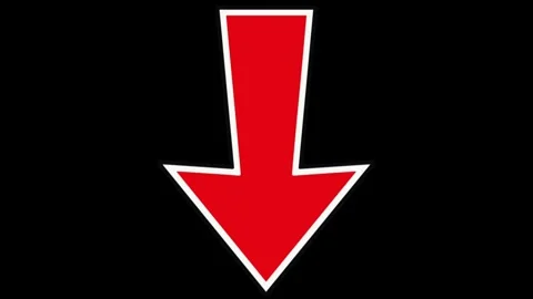 Red arrow pointing down with white outline pulsing on black background animation Stock Footage 333819453