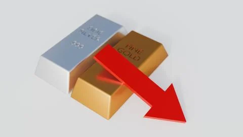 A red arrow pointing downwards, next to bars of gold and silver Stock Illustration