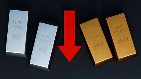 A red arrow pointing downwards, next to bars of gold and silver Stock Illustration