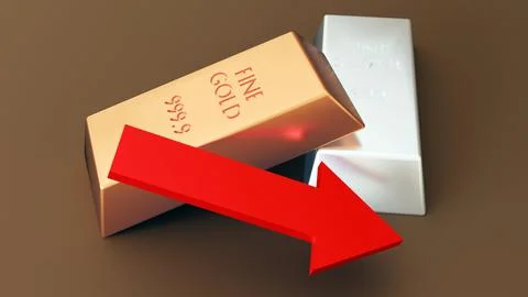 A red arrow pointing downwards, next to bars of gold and silver Stock Illustration