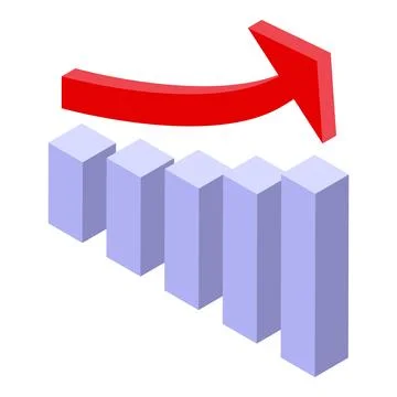 Red arrow pointing up over growing bar chart isometric illustration Stock Illustration