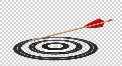 A red arrow precisely hitting the center of a black and white target. isola.. Stock Photos