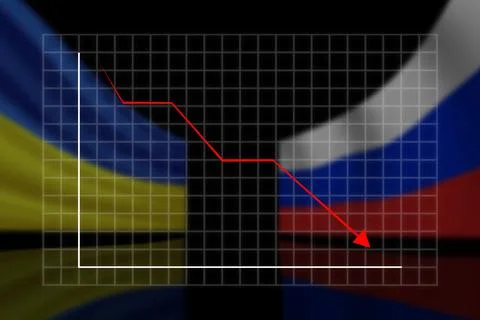 Red arrow of the recession on the background of the flags of Russia and Ukraine. Stock Illustration