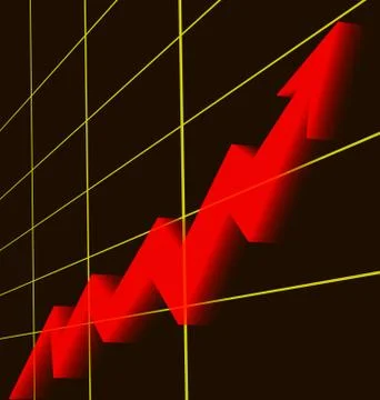 Red arrow rising graphic chart gold grid black background Stock Illustration