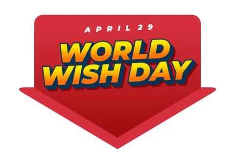 Red arrow shaped badge with bold yellow 3d text reading world wish day and .. Stock Illustration