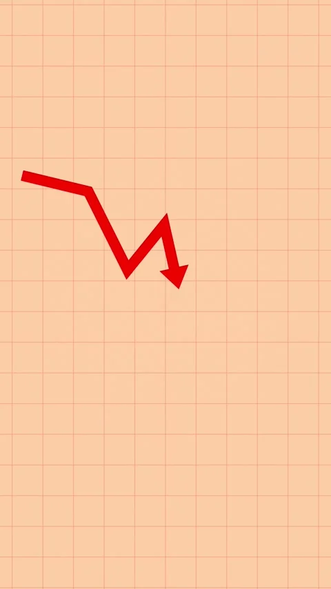 Red arrow showing a downtrend on vertical orange grid background, negative trend Stock Footage 337780318
