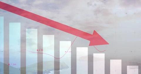 Red arrow sliding across translucent bar chart over coastal landscape, showing Video stock 309104832