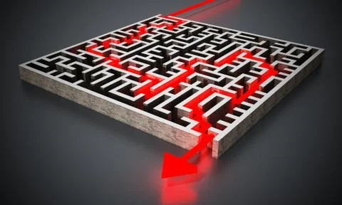 Red arrow successfully navigating trough the labyrinth. 3D illustration Stock Illustration