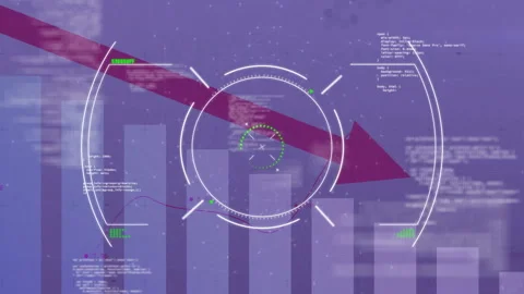 Red arrow swooping in from upper left starting downward bar trend while rotating Stock Footage 313294369