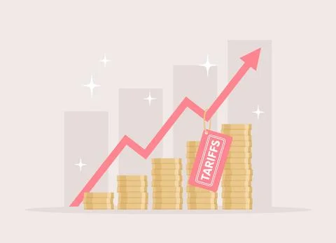 Red arrow with Tariffs tag on it above stacks of gold coins Stock Illustration
