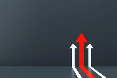Red arrow with two white arrow going up on gray wall background. Stock Illustration