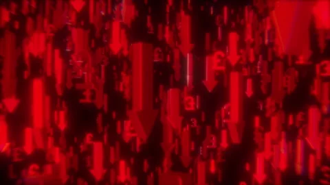 Red arrows and British pound signs fall downward Stock Footage 313995108