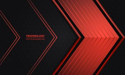 Red arrows on a dark technology hexagonal abstract background. Illustrazione stock