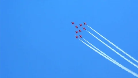 Red arrows display team formation smoke trails Stock Footage 77012523