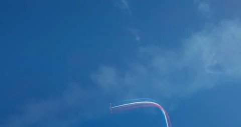 Red Arrows Display Team High up in Blue Sky Fly Down towards Falmouth Beachfront Stock Footage 205465845