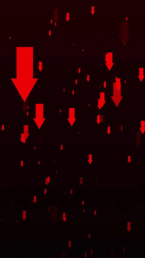 Red arrows falling downward on vertical dark background decline, negative trends Stock Footage 337352262