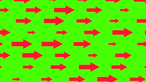 Red arrows pointing to the right, background chroma key, green screen. Stockbeeldmateriaal 333626903