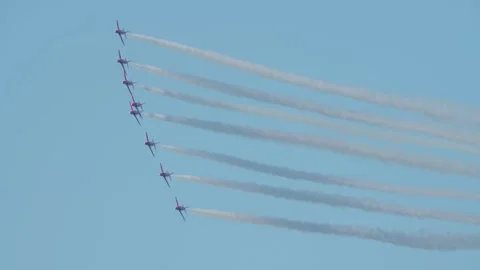 RED ARROWS, Royal Air Force Aerobatic Team, AirShow, Devon, England Stock Footage 242884333